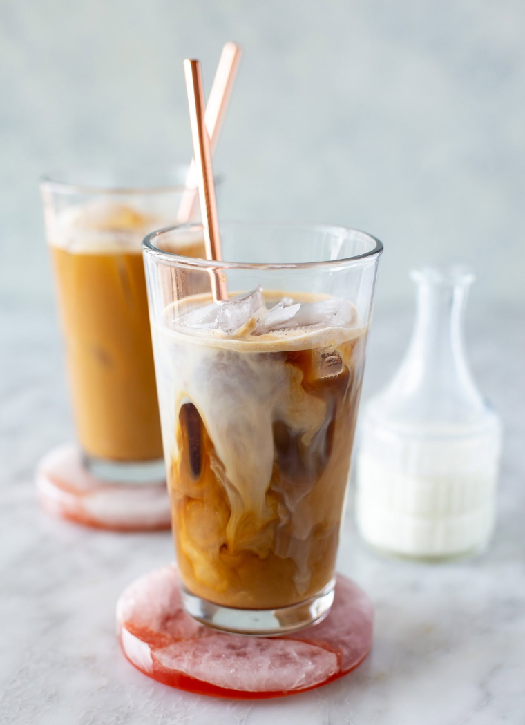 Brew double-strength coffee. 2. Pour over ice. 3. Add milk or sweetener if desired.